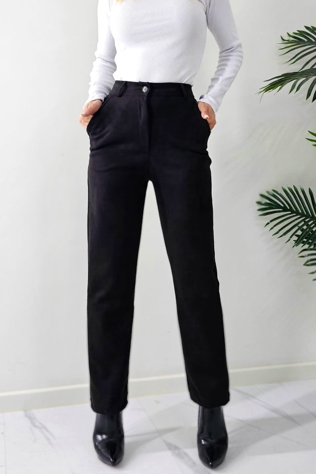 Pantaloni eleganti Silkwood cu aspect de piele intoarsa si textura elastica, Negru