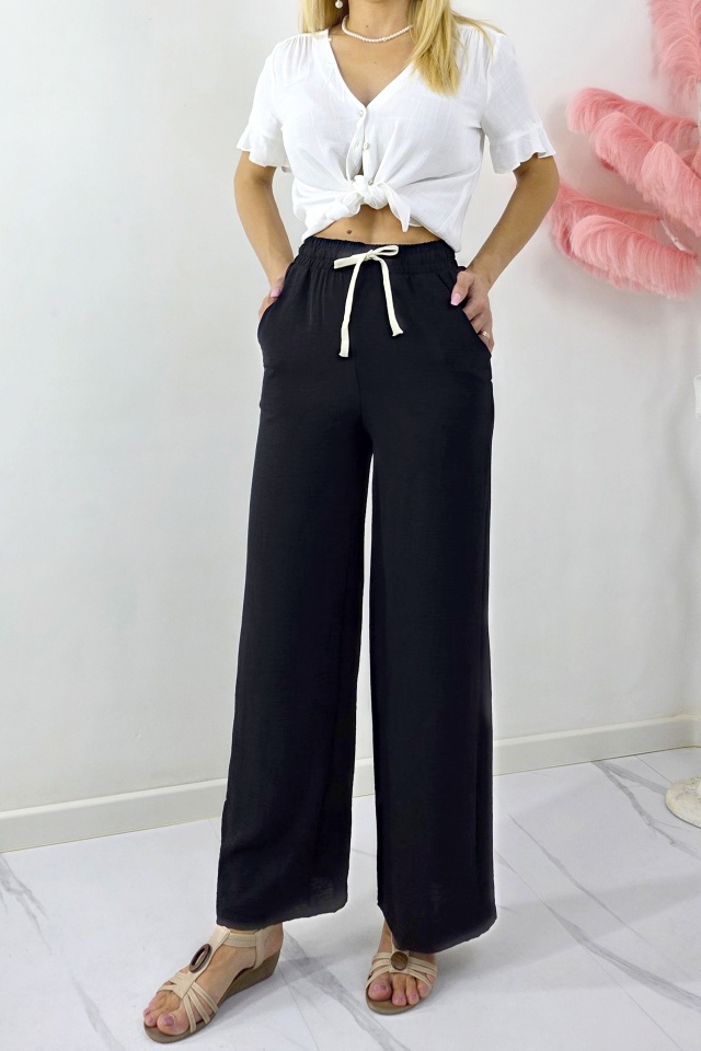 Pantaloni lungi de zi, bumbac MERON, cu snur si croi larg, Negru - 2 | YEO