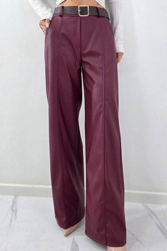 Pantaloni lungi, vatuiti din piele eco, Leonis, cu banda elastica si buzunare, Bordo, Marime S/M