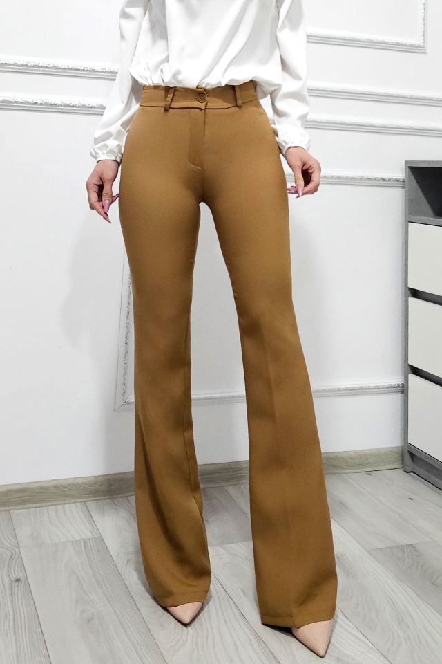 Pantaloni office Katte, croiala slim evazata si talie inalta, Bej Mocha Mousse