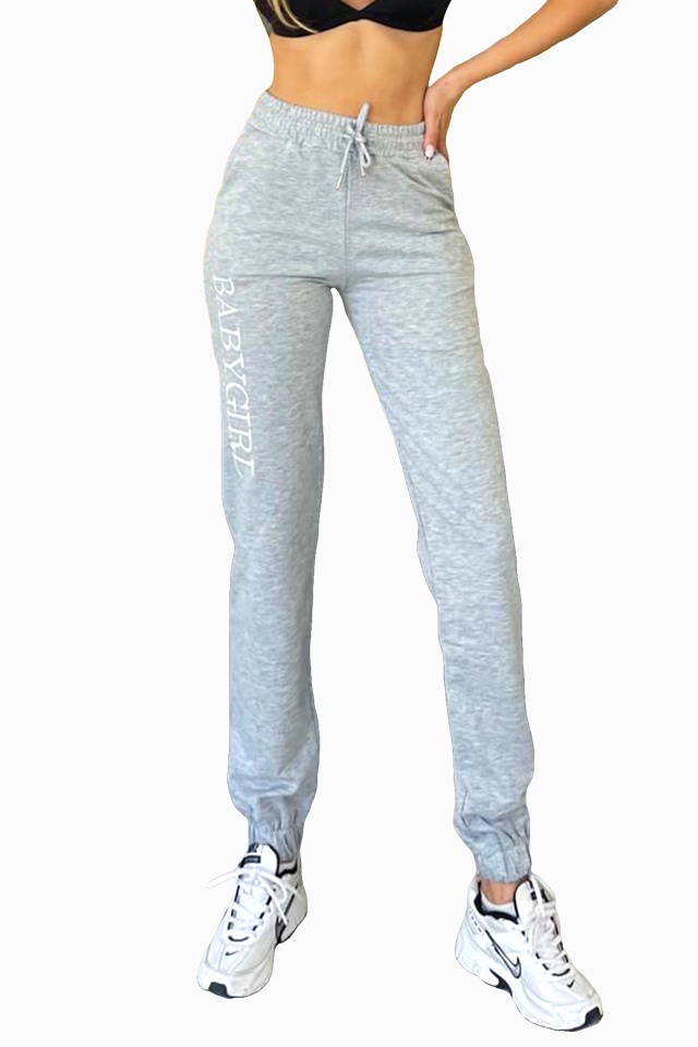 Pantaloni sport ISSA BabyGirl, cu imprimeu si banda elastica, Gri - 3 | YEO