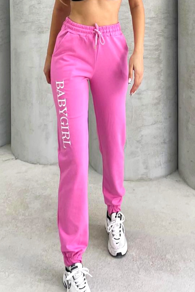 Pantaloni sport ISSA BabyGirl, cu imprimeu si banda elastica, Roz - 2 | YEO