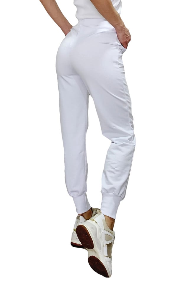 Pantaloni sport Janina, din bumbac, cu talie inalta si mansete elastice, Alb - 3 | YEO