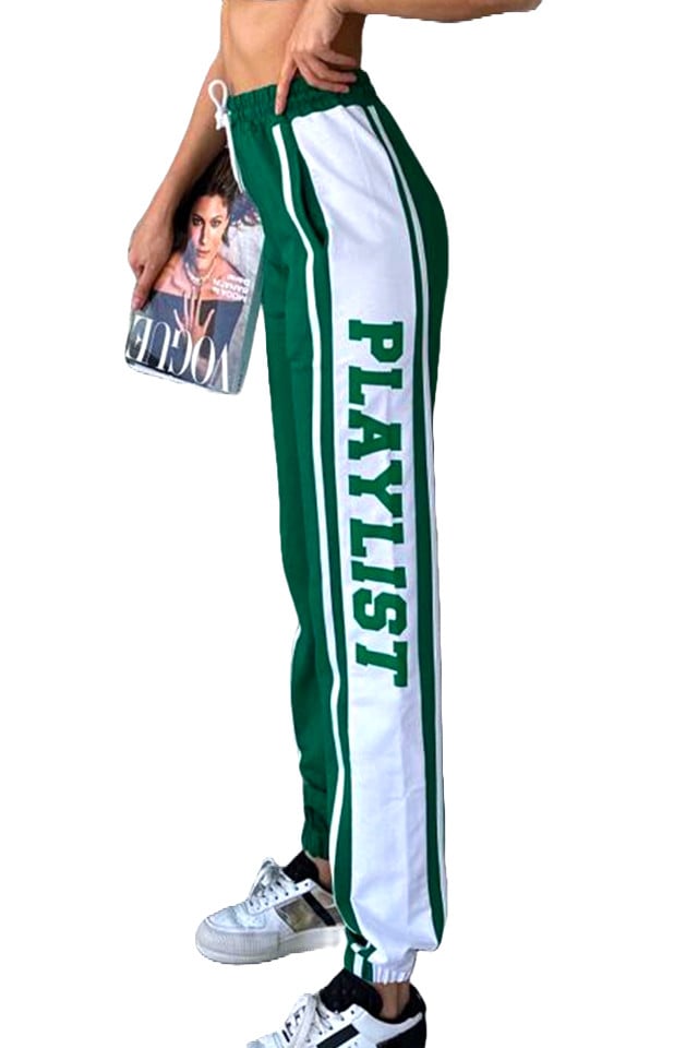 Pantaloni sport Playlist, cu imprimeu bicolor si banda elastica, Verde - 2 | YEO