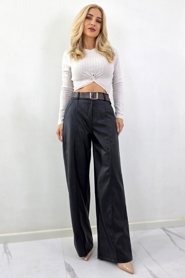 Pantaloni vatuiti Leonis, din piele ecologica, cu buzunare si curea asortata, Negru, Marime S/M