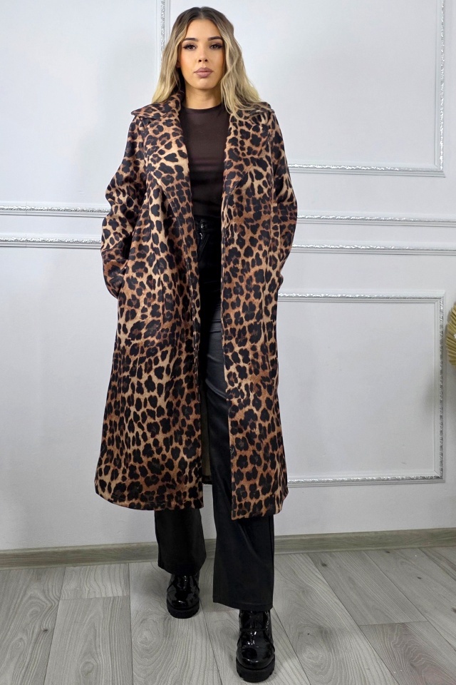 Pardesiu de dama Ophira animal print, cu textura medie, de tranzitie, BEJ Ghepard, Marime S/M