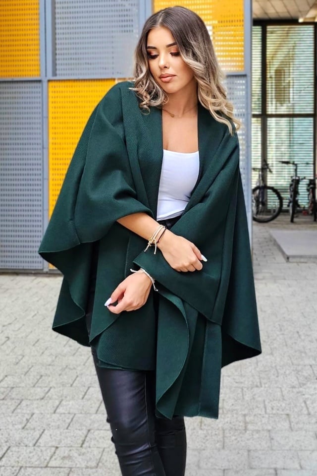 Pelerina oversize BelaRina, cu prindere petrecuta si textura rib, Verde inchis, Marime universala - 3 | YEO