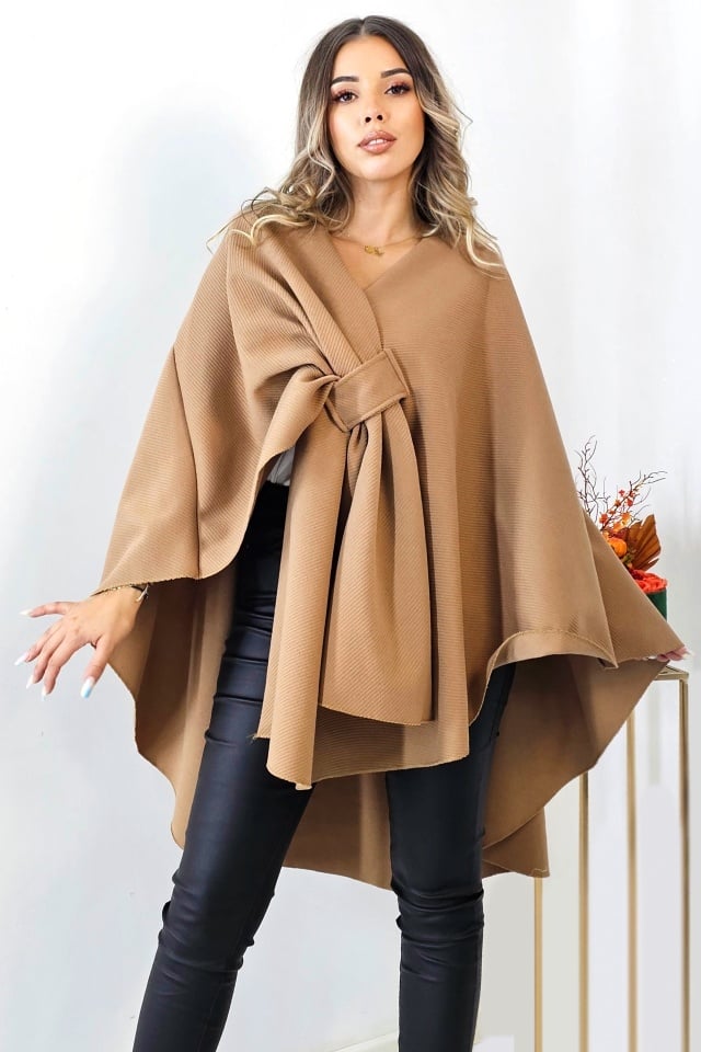 Poncho dama BelaRina, cu funda si croiala lunga oversize, Bej, Marime universala