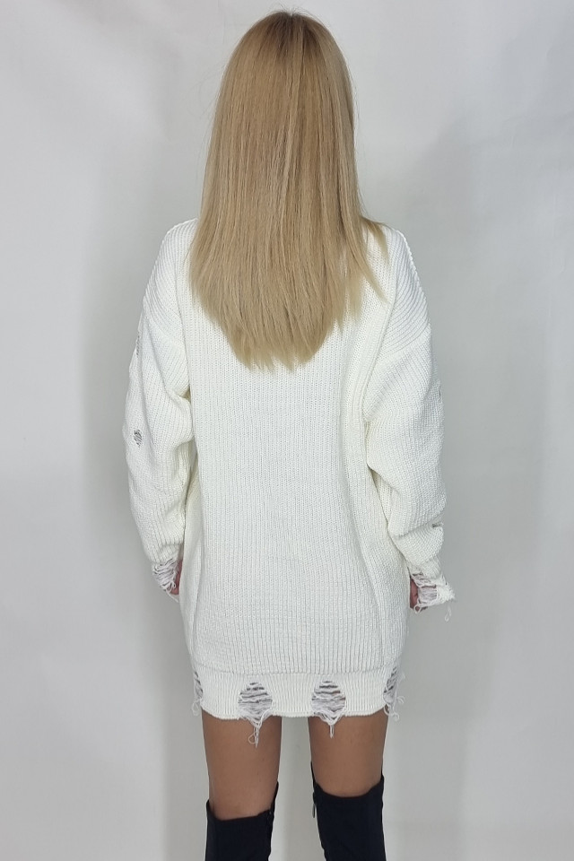 Pulover lung tricotat Laura, cu decupaje si perforatii in material, Alb, Marime universala S/M/L