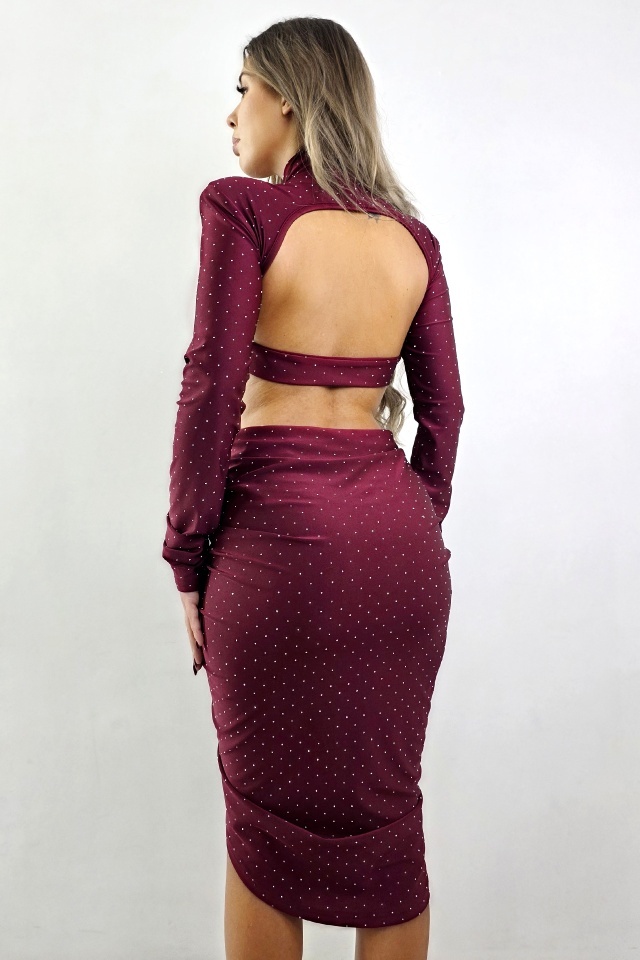 Rochie asimetrica, decupata NYVARA, cristale si cupe buretate, Burgundy, Marime S/M