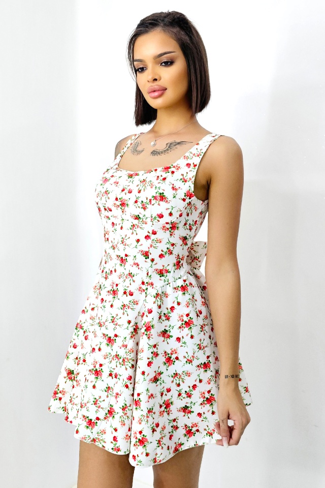 Rochie babydoll MARA, cu funda la spate si imprimeu floral, Alb, Marime S/M/L