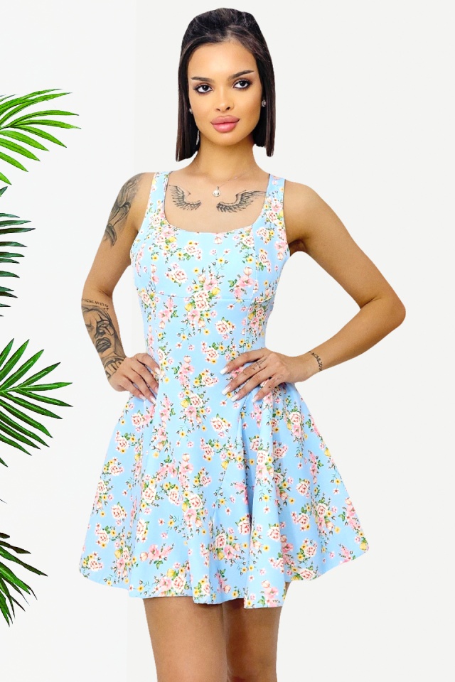 Rochie babydoll MARA, cu funda la spate si imprimeu floral, Albastru baby blue, Marime S/M/L Rochie babydoll MARA, cu funda la spate si imprimeu floral, Albastru baby blue, Marime S/M/L