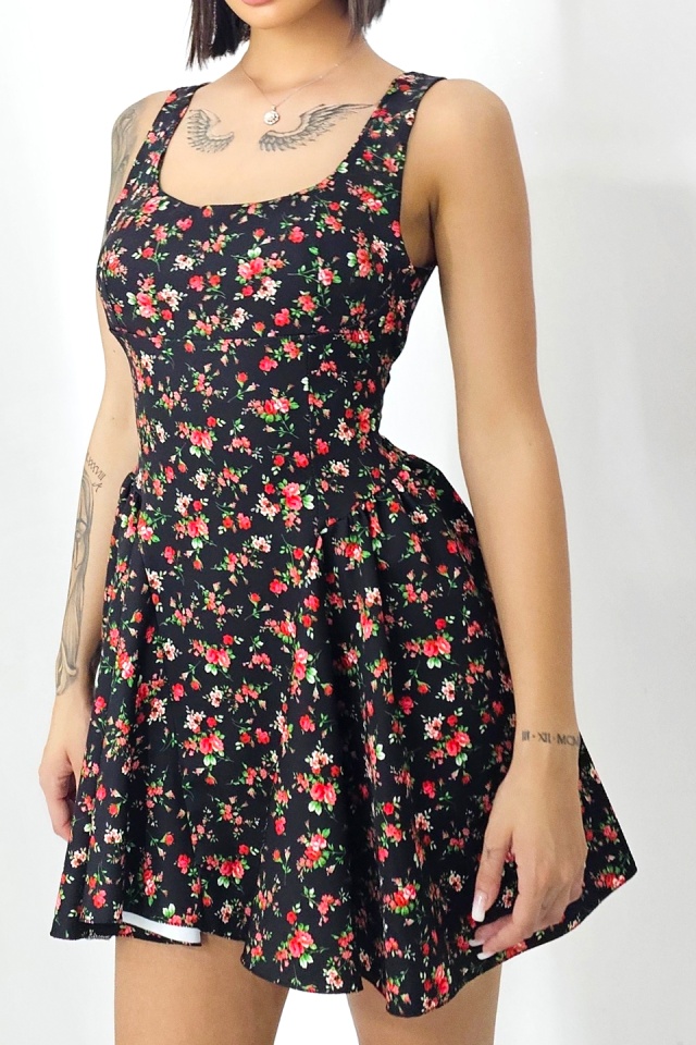 Rochie babydoll MARA, cu funda la spate si imprimeu floral, Negru, Marime S/M/L - 3 | YEO