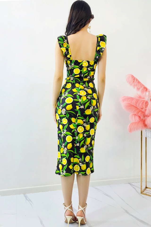 Rochie bodycon Ditsy, sliț adanc si imprimeu cu lămâi, Negru, Marime S/M