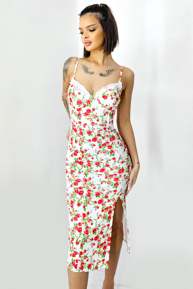 Rochie bodycon Drosera, cu dantela si imprimeu floral, Alb/Rosu, Marime S/M