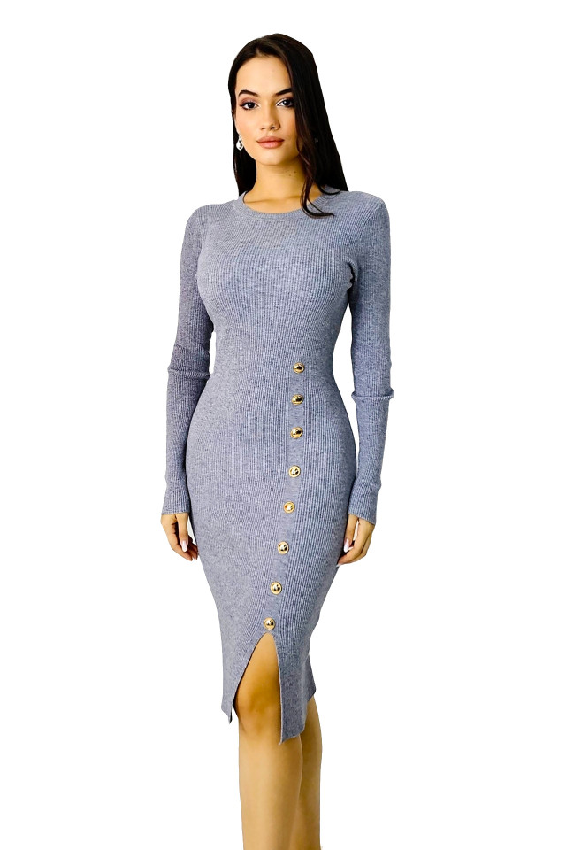 Rochie bodycon KLarisa, tetra, cu crapatura si nasturi decorativi, Gri