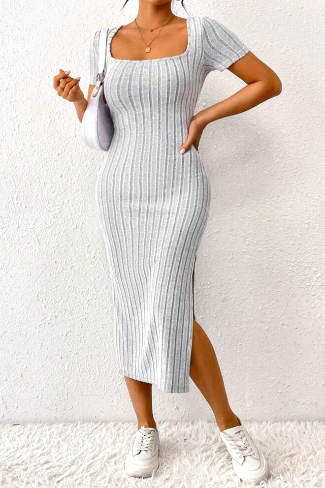 Rochie casual FeeL tricot ALIZA, cu slit lateral si maneca scurta, Gri, M/