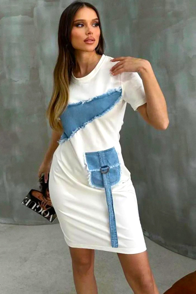 Rochie casual Nymar, cu detalii din denim si maneca scurta, Alb