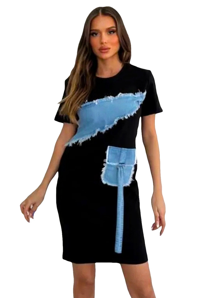 Rochie casual Nymar, cu detalii din denim si maneca scurta, Negru