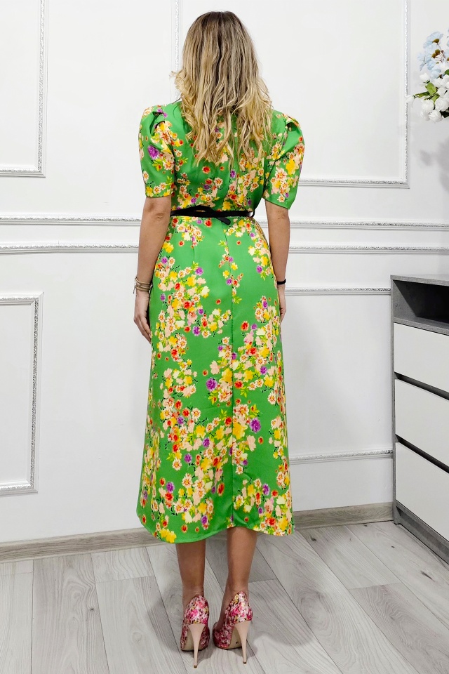 Rochie cu buzunare SOREYA, cu maneca bufanta si curea in ton, Verde Floral, Marimea S/M - 1 | YEO