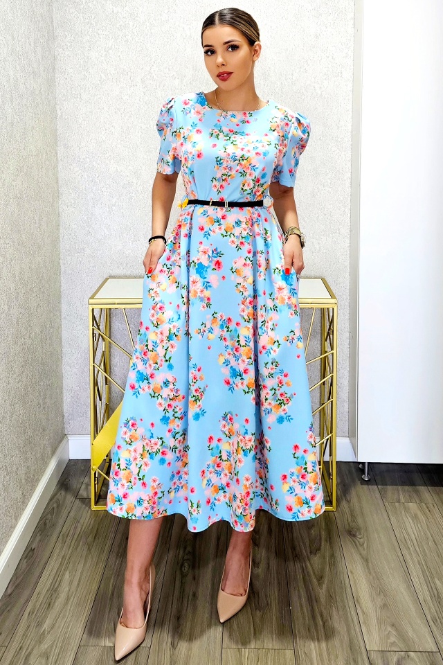 Rochie cu buzunare SOREYA, maneca bufanta si curea subtire, Albastru Floral, Marimea S/M