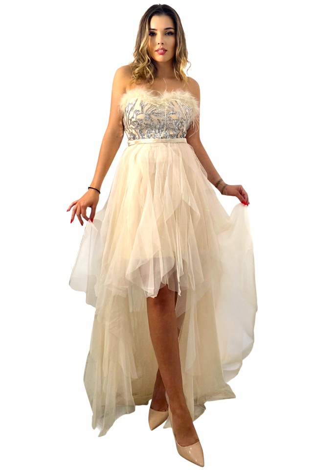 Rochie cu pene de strut PRAM Party, cu trena si paiete artizanale, Crem