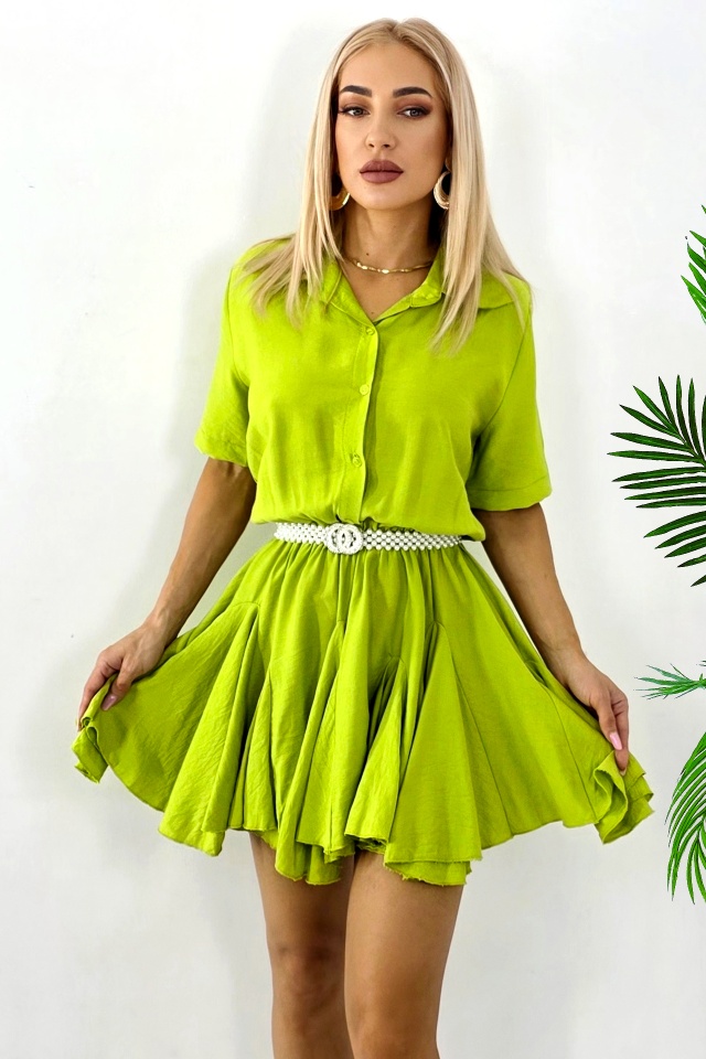 Rochie cu volane Peony Pearl, babydoll si curea inclusa, Verde, Marime S/M