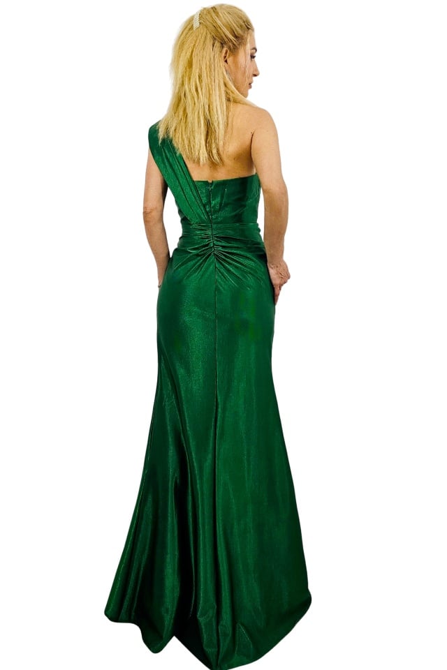 Rochie de ocazie AMORA, cu spatele gol si detaliu floral, Verde Smarald