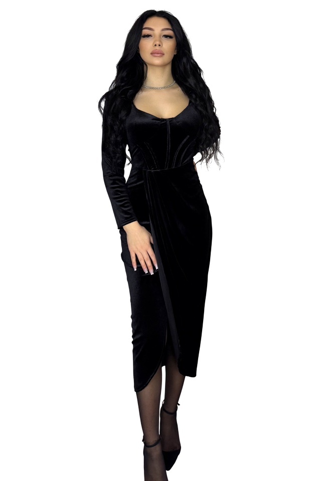 Rochie de ocazie, catifelata Kassia, cu aspect petrecut, Negru, Marime S/M