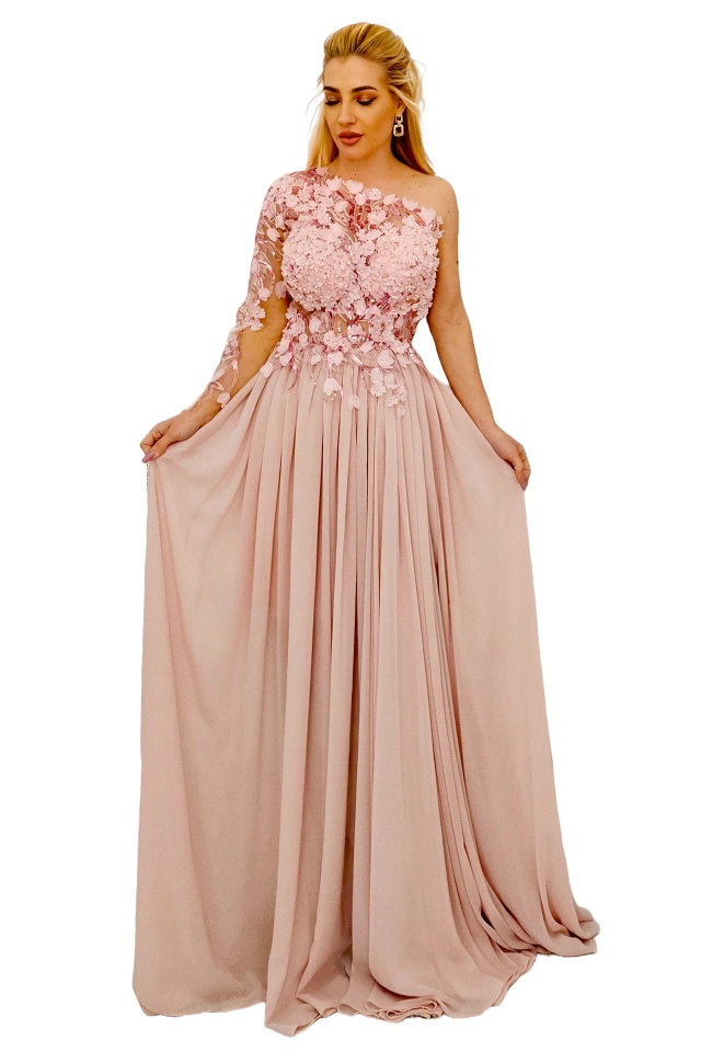 Rochie de ocazie CHISHA, cu detalii florale si insertii voal, Peach Fuzz, Marimea S