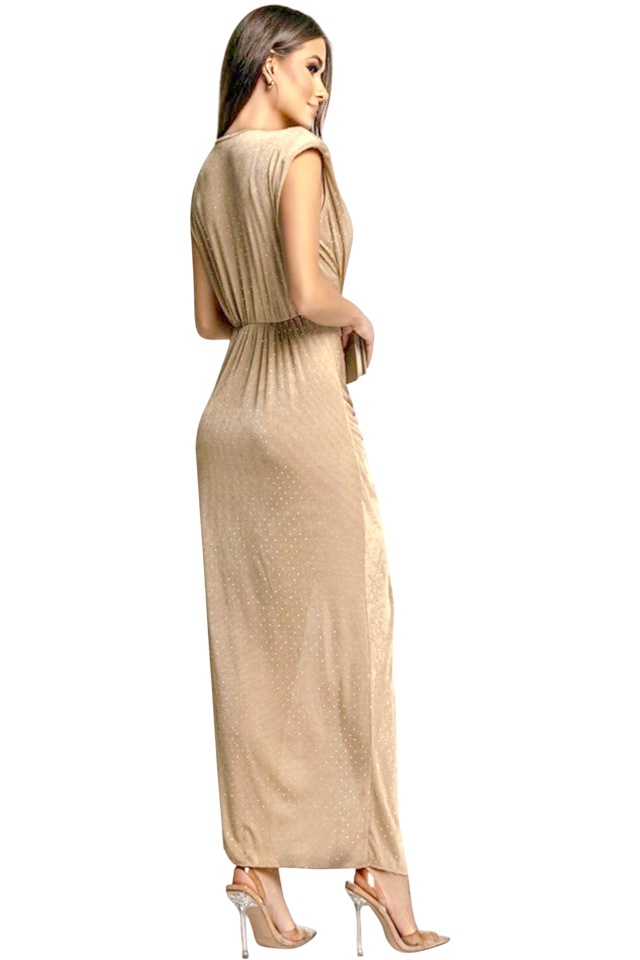 Rochie de ocazie cu cristale JHOSY si decolteu adanc, Crem, Marime S/M