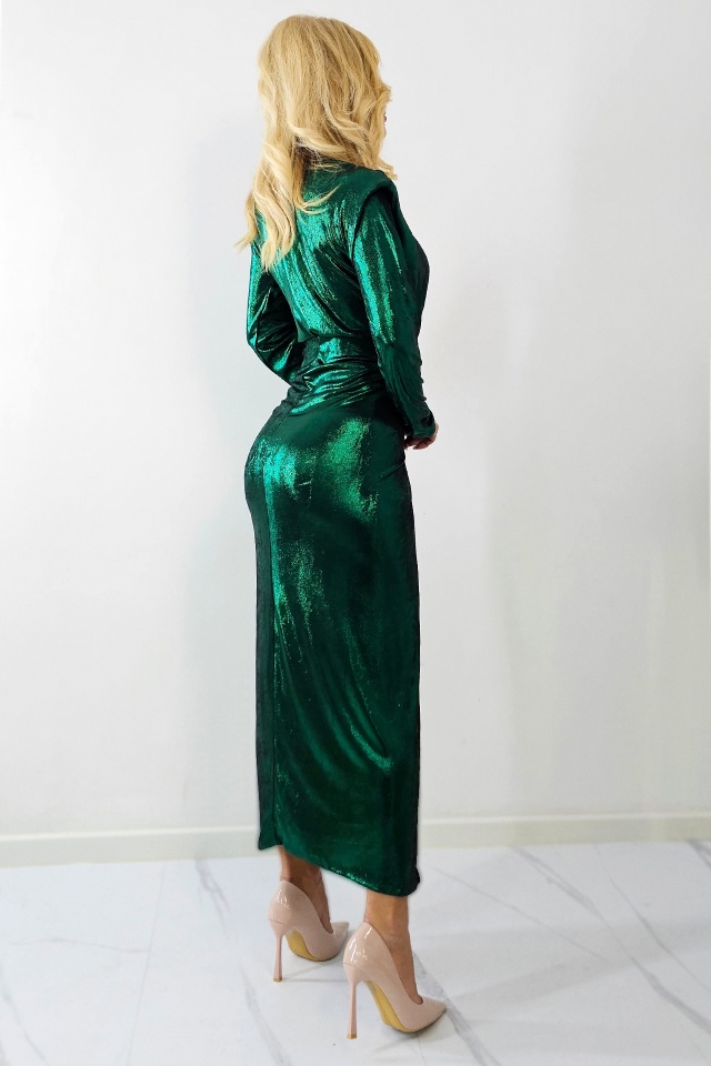 Rochie de ocazie Julietta, cu falduri si crapatura pe picior, Verde Metalizat, Marime S/M - 1 | YEO