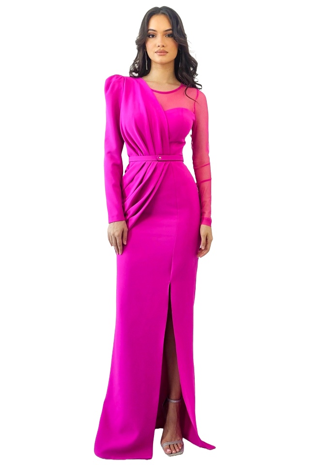 Rochie de ocazie Patricia, cu maneca lunga si detalii din tull, Fucsia