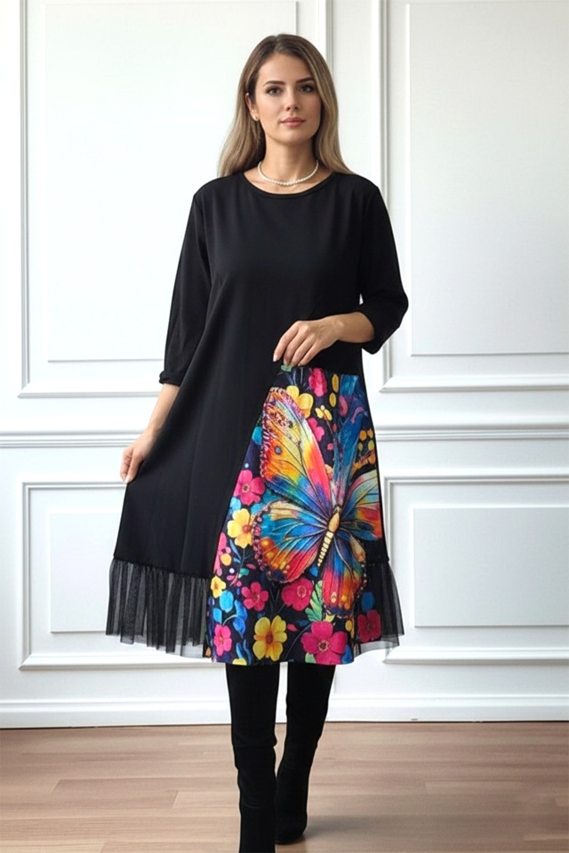 Rochie de zi Arty Fiora, cu tull si croi oversize, Cosmic Butterfly, Marime S/M/L