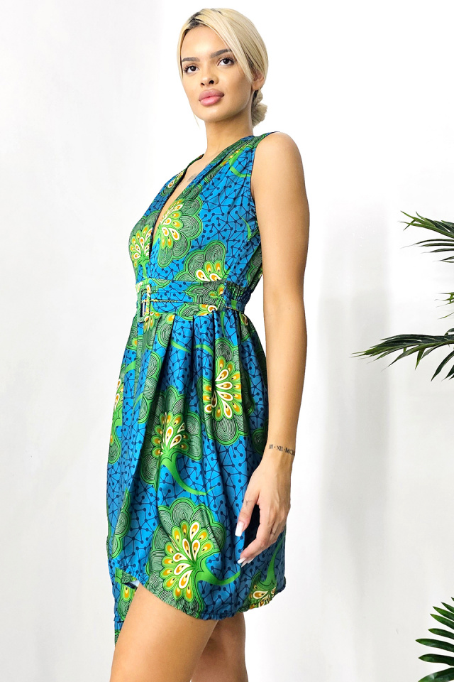 Rochie de zi Matilda, croiala asimetrica si cordon in talie, Peacock, Marime S/M