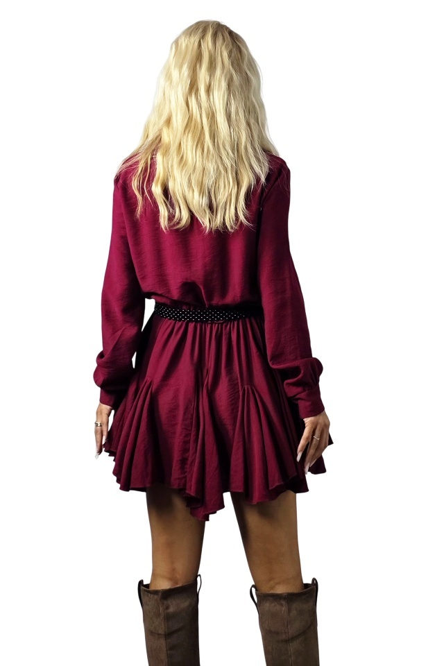 Rochie de zi Peonette, cu maneca lunga si curea, Bordo, Marime S/M