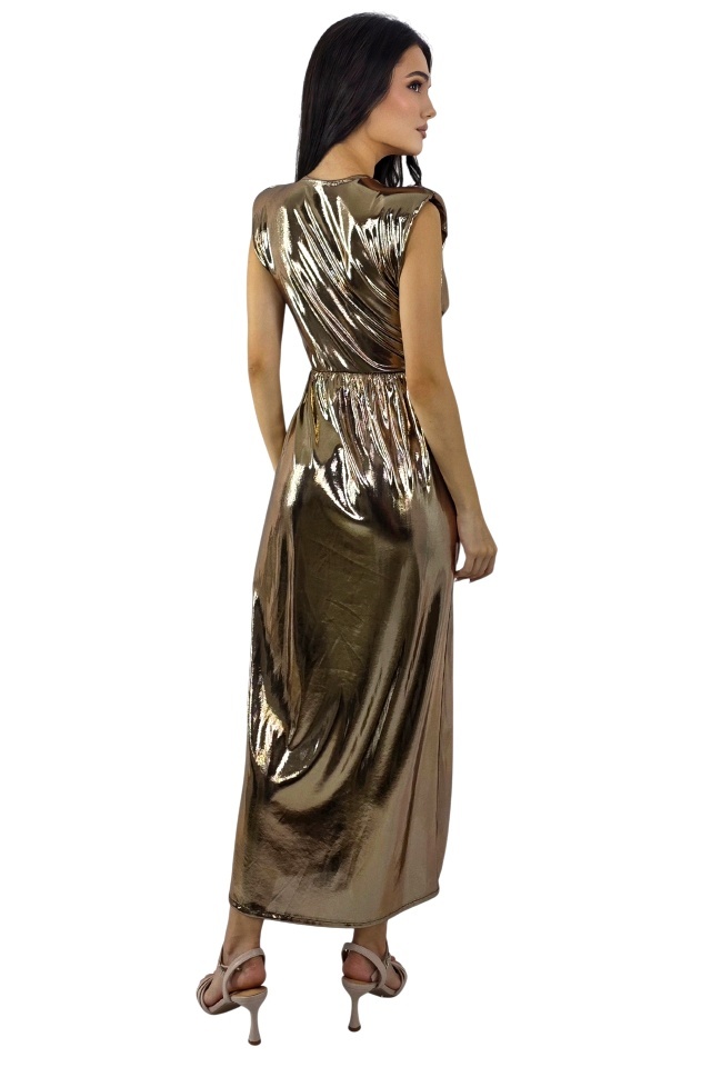 Rochie eleganta, aspect metalic Demetra, cu slit amplu, Auriu, Marime S/M