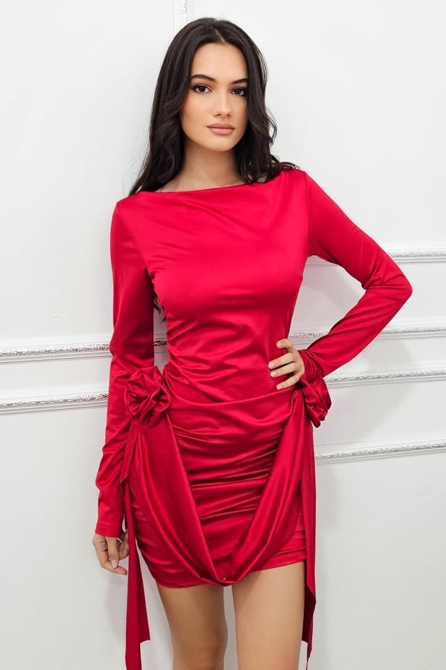 Rochie eleganta Jordana, cu aplicatii florale si fronseuri laterale, Rosu, Marime S/M