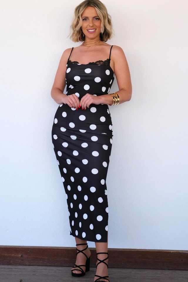 Rochie eleganta SUAVE, imprimeu cu buline si insertii din dantela, Marime S/M