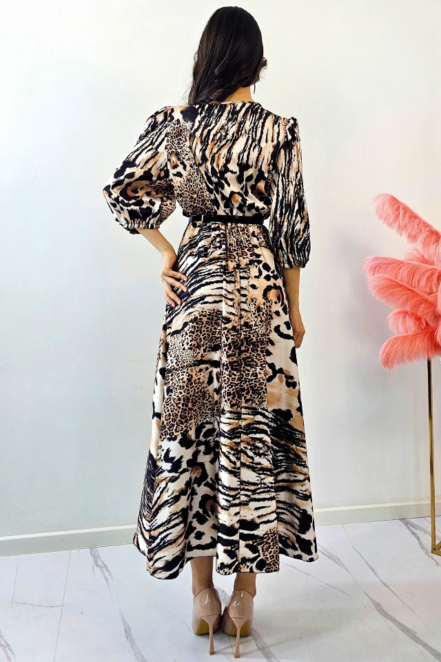 Rochie evazata LORY, cu animal print si curea metalica, Bej