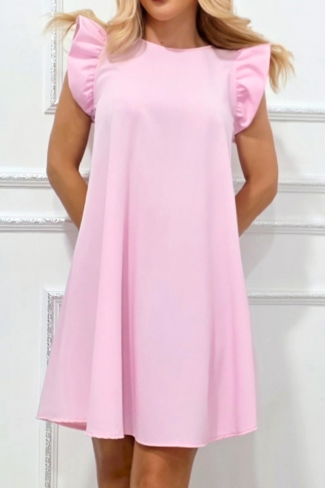 Rochie evazata scurta Azzuro, cu volanase la umeri, Roz pal, Marime universala S/M/L