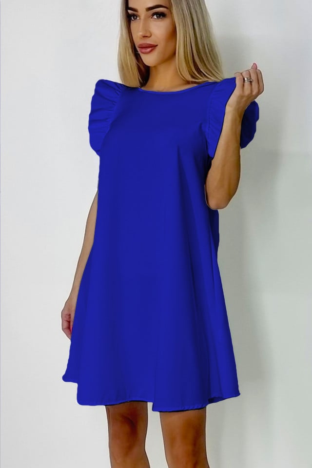Rochie larga Azzuro, cu umeri bufanti si croiala in A, Albastru indigo, Marime universala S/M/L