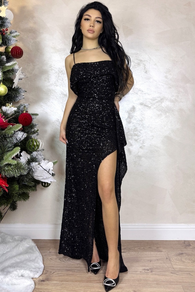 Rochie lunga cu bretele Naelle, paiete si overlay drapat, Negru, Marime S/M