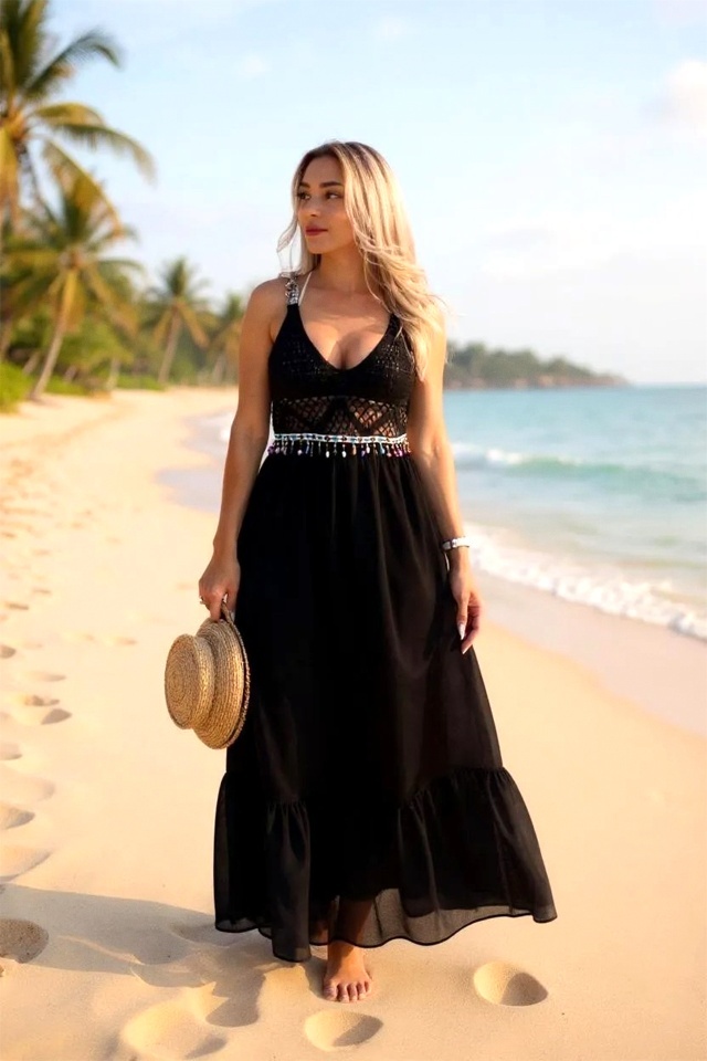 Rochie lunga de plaja TWINA, cu aspect crosetat si margele, Negru - 2 | YEO
