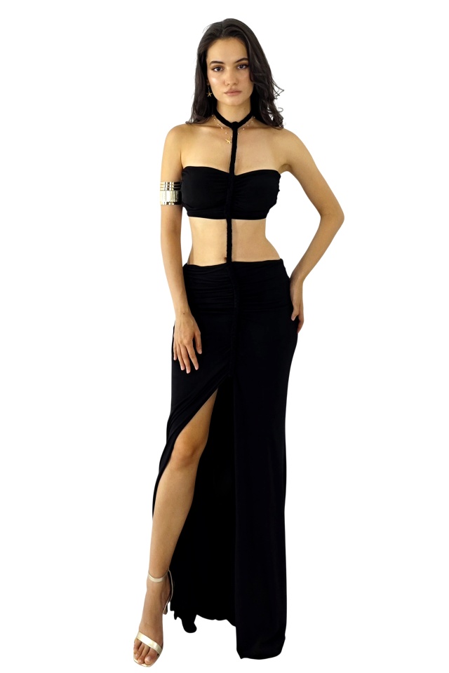Rochie lunga de vara ELPIRI, croi decupat cu impletituri, Negru, Marime S/M