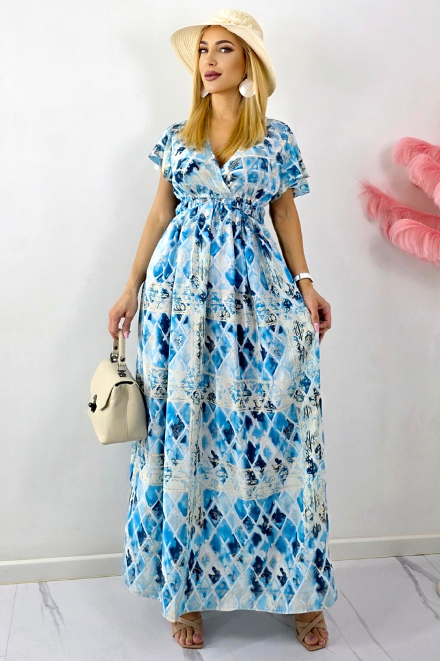 Rochie lunga ISHANI, cu aspect matasos si ciucuri decorativi, Albastru, Marime S/M/L