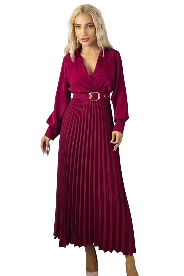 Rochie lunga plisata NOVARA, curea asortata si revere, Rosu Magenta, Marime S/M