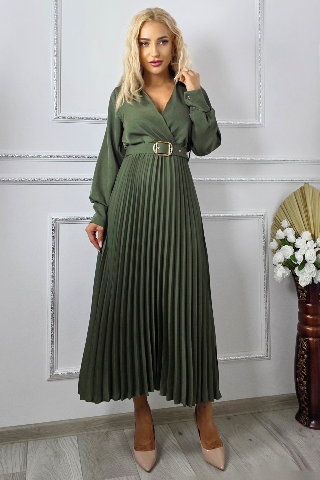 Rochie lunga plisata NOVARA, efect petrecut si revere, Verde Kaki, Marime S/M - 2 | YEO