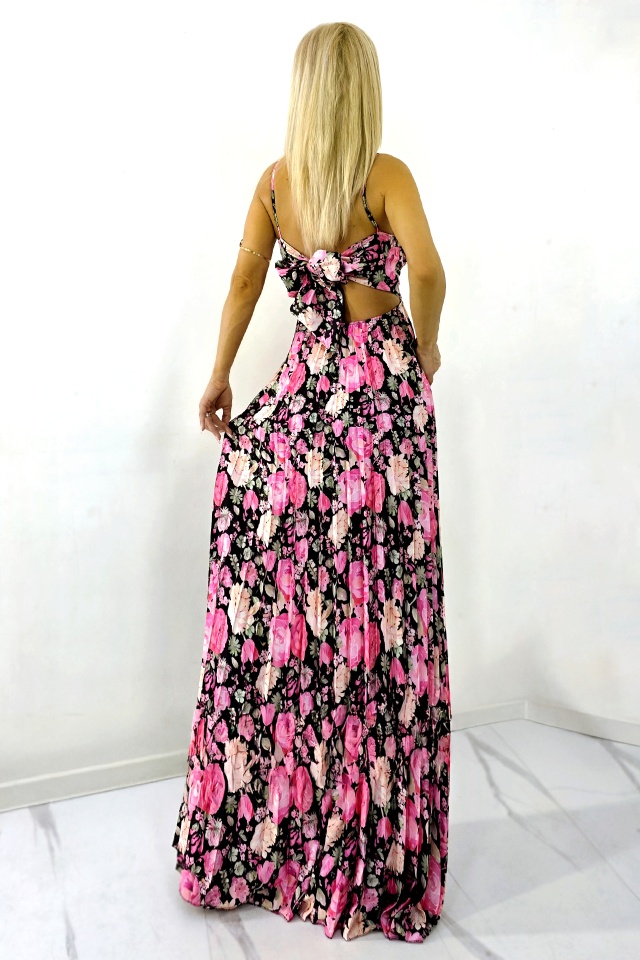 Rochie lunga plisata NYSA, cupe buretate si legare spate, Negru/ROZ, Marime S/M