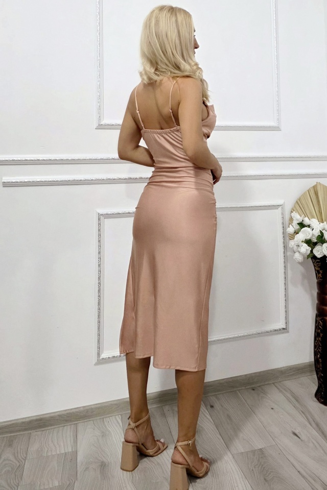 Rochie midi satinata ILena, cu snur decorativ si crapatura, Rose, Marime S/M